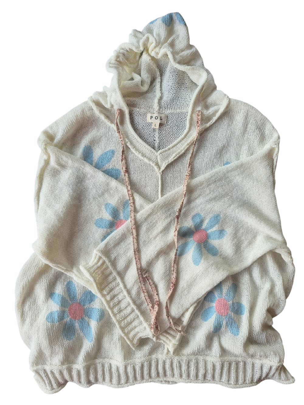 POL Cream V-Neck Knit Hoodie Sweater with Light Blue and Pink Daisy Design - Picture 4 of 4